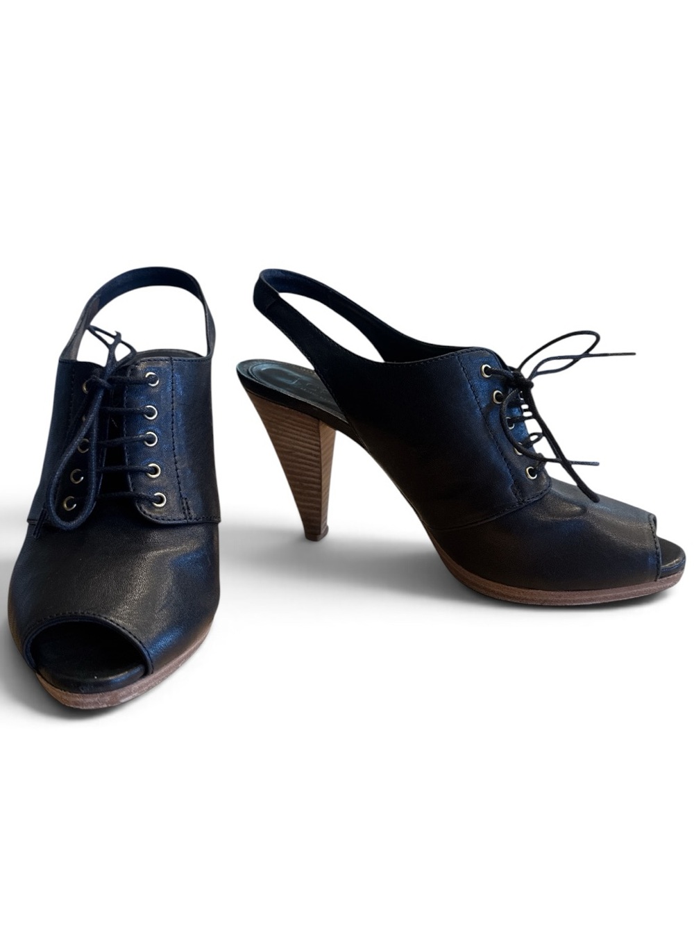J Crew Black Leather Lace Up Peep Toe Slingback Heels 7